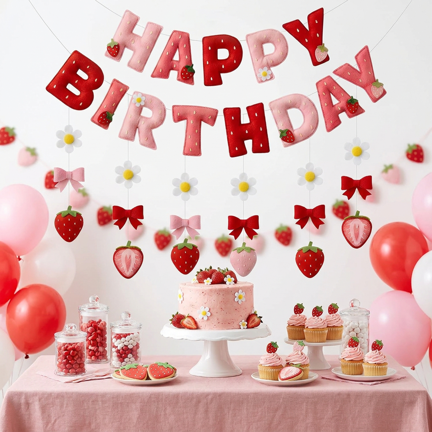 Event Party - 2D Felt Strawberry Hanging Garland Banner